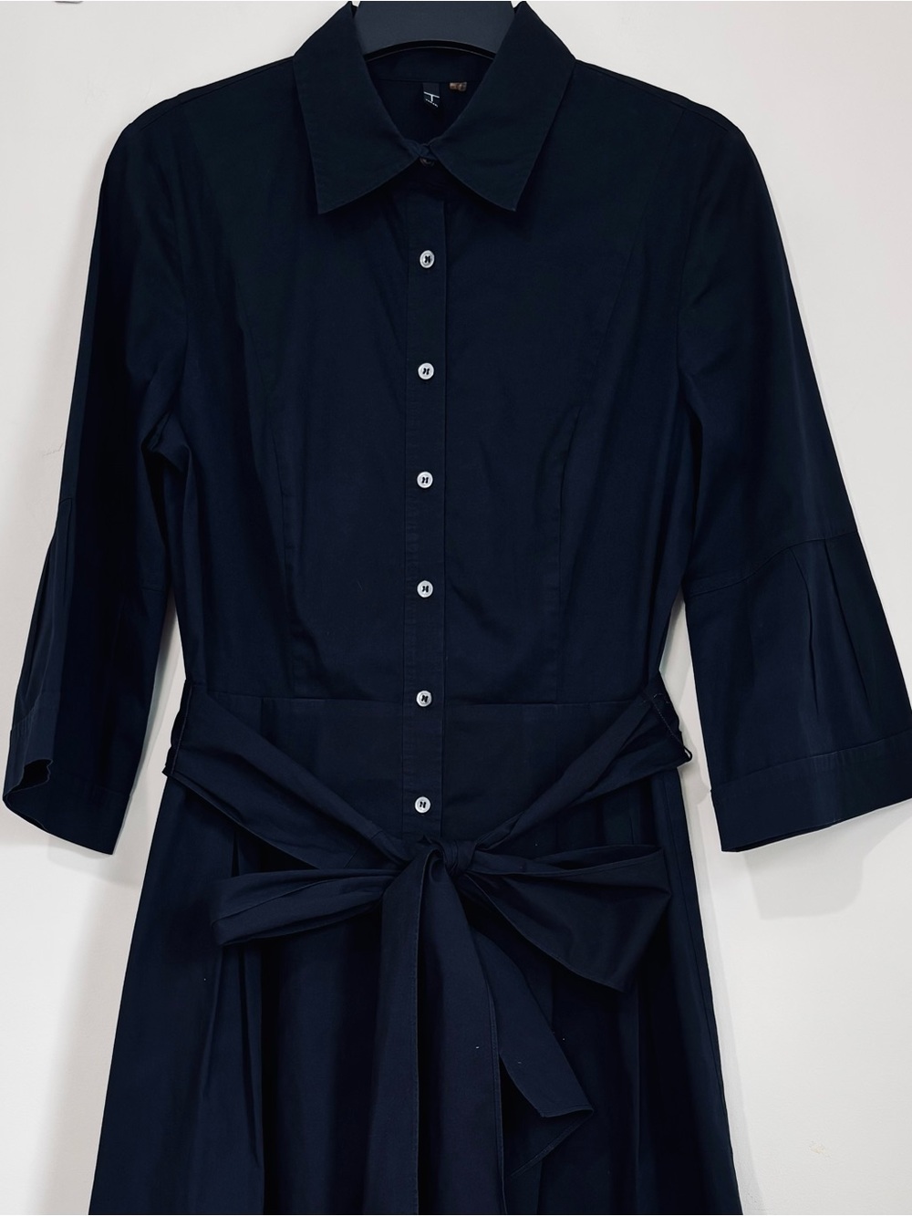 T Tahari Office black cotton button up 3/4 long sleeve belted A-line shirt dress - Picture 5 of 16